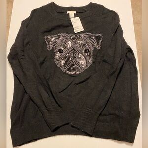 H&M black pug glitter sequin sweater NWT